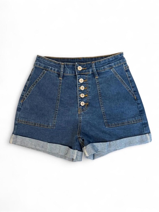 Sidefeel Pants - High-Rise Button-Front Denim Shorts in Blue